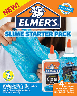 Glue Slime Starter Kit, Clear School Glue & Blue Glitter Glue, 4 Count